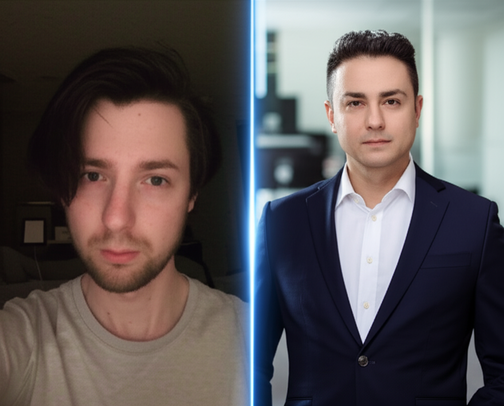 A before-and-after comparison of a casual selfie transformed into a professional headshot.
